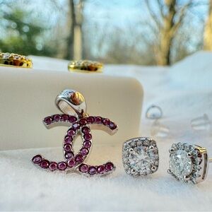 Purple VVS Moissanite (.925) GP CC Pendant + 0.75ct (.925) Halo Stud Earrings